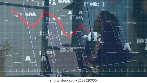 Image of financial data processing over diverse business people in office. Global finance, business, connections, computing and data processing concept digitally generated image.