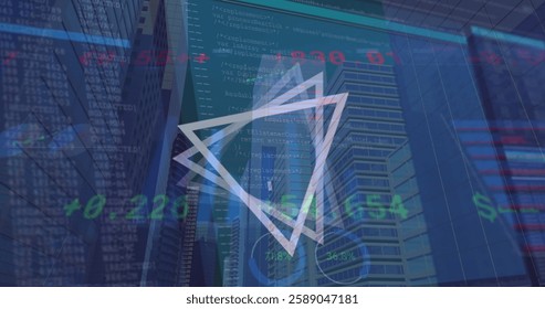 Image of financial data processing over computer screens and city. Global connections, computing and data processing concept digitally generated image.