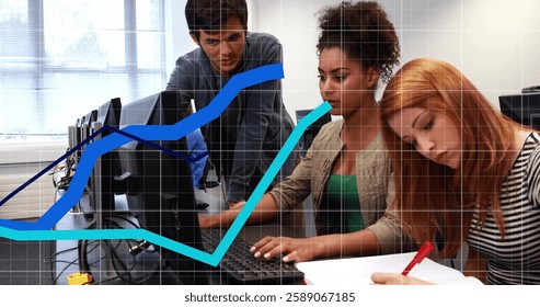 Image of financial data processing over diverse colleagues using computers in office. Global business, finances, computing and digital interface concept digitally generated image.