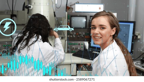Image of financial data processing over diverse female scientists using microscope in office. Global science, finances, computing and digital interface concept digitally generated image.