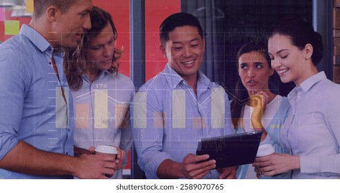 Image of financial data processing over diverse colleagues discussing work in office. Global business, finances, computing and digital interface concept digitally generated image.