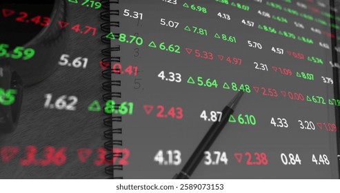 Image of financial data processing over notebook. Global finances, computing and digital interface concept digitally generated image.