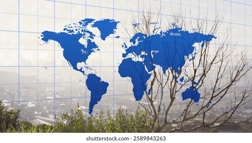 Image of financial data processing over world map and cityscape. Global finance, business, connections, computing and data processing concept digitally generated image.