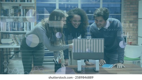Image of financial data processing over diverse business people in office. Global finance, business, connections, computing and data processing concept digitally generated image.