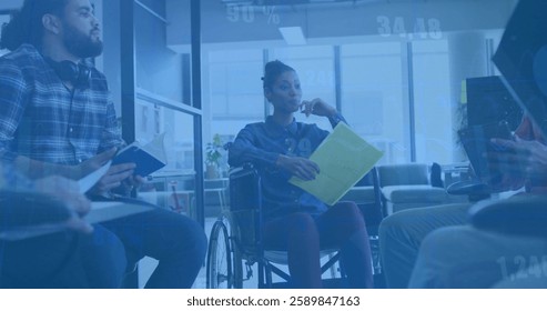 Image of financial data processing over diverse business people in office. Global finance, business, connections, computing and data processing concept digitally generated image.