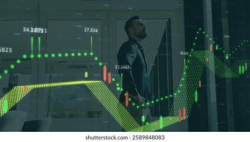 Image of financial data processing over caucasian businessman in office. Global business, finances and digital interface concept digitally generated image.