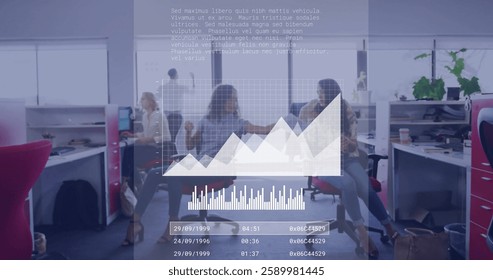 Image of financial data processing over diverse business people in office. Global finance, business, connections, computing and data processing concept digitally generated image. - Powered by Shutterstock - Get 15% off with code: PIKWIZARD15