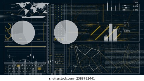 Image of financial data processing over black background. Global finance, business, connections, computing and data processing concept digitally generated image.