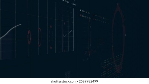 Image of financial data processing over black background. Global finance, business, connections, computing and data processing concept digitally generated image.