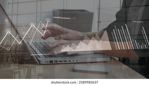 Image of financial data processing over caucasian businesswoman using laptop in office. Global business, finances, communication and digital interface concept digitally generated image.