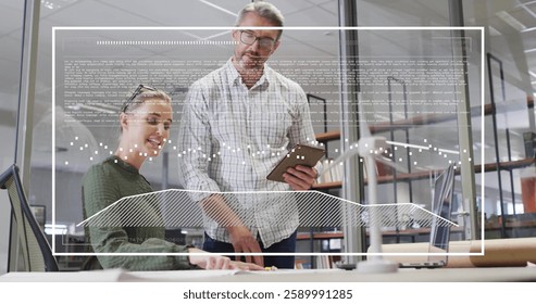 Image of financial data processing over diverse business people in office. Global finance, business, connections, computing and data processing concept digitally generated image.