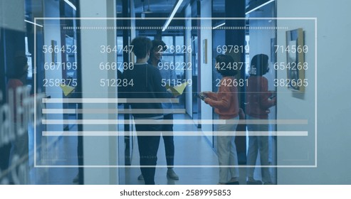 Image of financial data processing over diverse business people in office. Global finance, business, connections, computing and data processing concept digitally generated image.