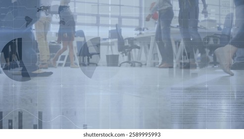 Image of financial data processing over diverse business people in office. Global finance, business, connections, computing and data processing concept digitally generated image.