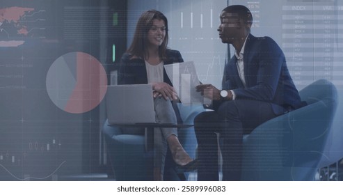 Image of financial data processing over diverse business people in office. Global finance, business, connections, computing and data processing concept digitally generated image.
