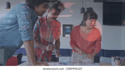 Image of financial data processing over diverse business people in office. Global finance, business, connections, computing and data processing concept digitally generated image.