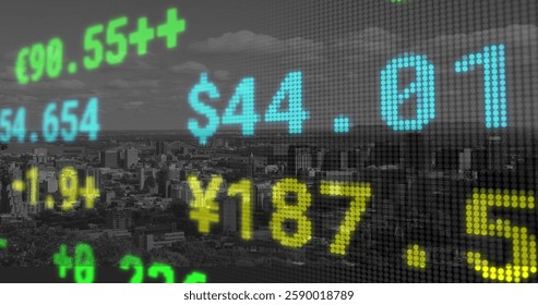 Image of financial data processing over modern cityscape. Connection, network, processing, data, finance, business and communication, digitally generated image.