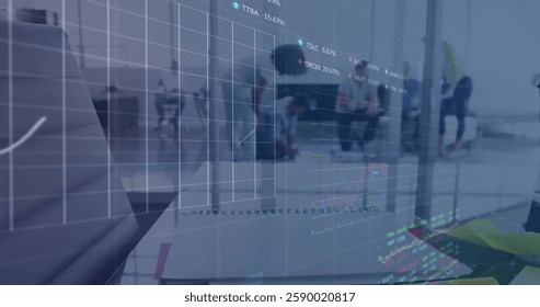 Image of financial data processing over diverse business people in office. Global finance, business, connections, computing and data processing concept digitally generated image.