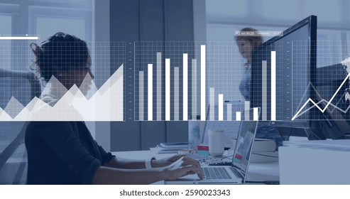 Image of financial data processing over diverse business people in office. Global finance, business, connections, computing and data processing concept digitally generated image.