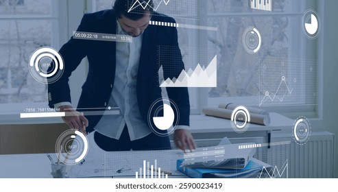 Image of financial data processing over caucasian businessman in office. Global finance, business, connections, computing and data processing concept digitally generated image. - Powered by Shutterstock - Get 15% off with code: PIKWIZARD15