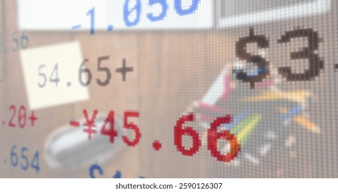 Image of financial data processing over desk in office. Global business, finances, computing and digital interface concept digitally generated image.