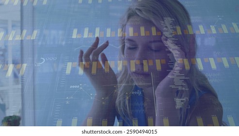 Image of financial data processing over caucasian businesswoman in office. Global finance, business, connections, computing and data processing concept digitally generated image.