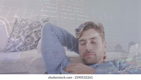 Image of financial data processing over caucasian man sleeping. Global business, connections, computing and data processing concept digitally generated image.