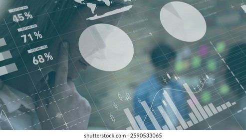 Image of financial data processing over happy caucasian businesswoman in office. Global finance, business, connections, computing and data processing concept digitally generated image.