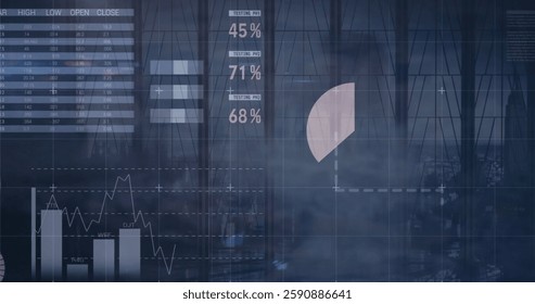 Image of financial data processing over cityscape. global finances, business, computing and digital interface concept digitally generated image.