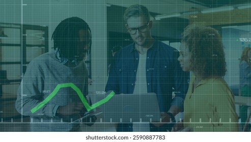 Image of financial data processing over diverse business people in office. Global finance, business, connections, computing and data processing concept digitally generated image.