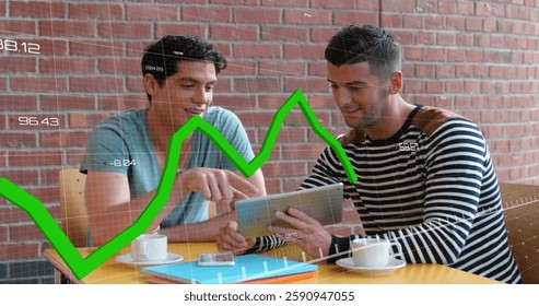 Image of financial data processing over diverse business people in office. Global finance, business, connections, computing and data processing concept digitally generated image.