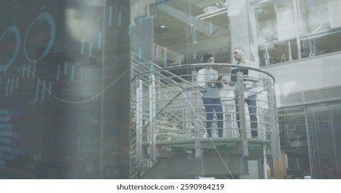 Image of financial data processing over diverse business people in office. Global finance, business, connections, computing and data processing concept digitally generated image.