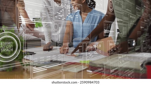 Image of financial data processing over diverse business people in office. Global finance, business, connections, computing and data processing concept digitally generated image.