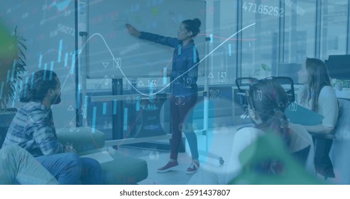 Image of financial data processing over diverse business people in office. Global finance, business, connections, computing and data processing concept digitally generated image.