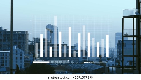 Image of financial data processing over cityscape. Global finance, business, connections, computing and data processing concept digitally generated image.