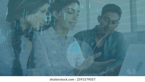 Image of financial data processing over diverse business people in office. Global finance, business, connections, computing and data processing concept digitally generated image.