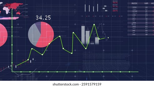 Image of financial data processing over dark background. Global finance, business, connections, computing and data processing concept digitally generated image.