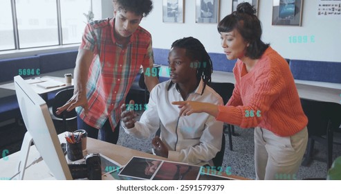 Image of financial data processing over diverse business people in office. Global finance, business, connections, computing and data processing concept digitally generated image. - Powered by Shutterstock - Get 15% off with code: PIKWIZARD15