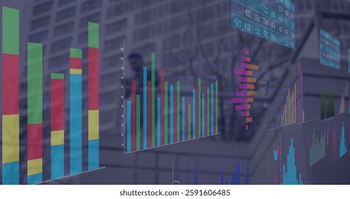 Image of financial data processing over cityscape. Global finances, computing and digital interface concept digitally generated image.