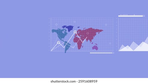 Image of financial data processing over world map on blue map. Global finances, computing, business and digital interface concept digitally generated image.