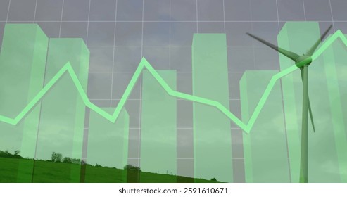 Image of financial data processing over wind turbine. Global finances, ecology and digital interface concept digitally generated image.