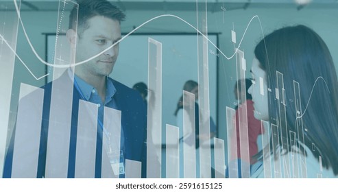 Image of financial data processing over diverse business people in office. Global finance, business, connections, computing and data processing concept digitally generated image.