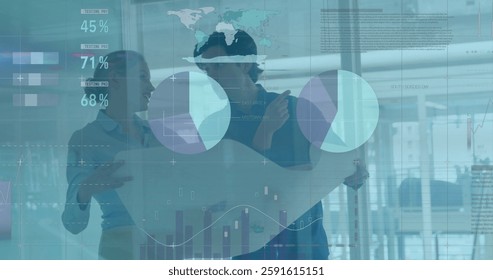 Image of financial data processing over diverse business people in office. Global finance, business, connections, computing and data processing concept digitally generated image.