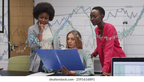 Image of financial data processing over diverse business people in office. Global finance, business, connections, computing and data processing concept digitally generated image.