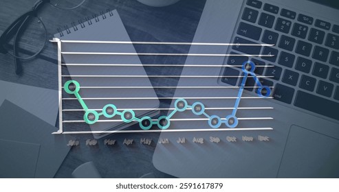 Image of financial data processing over laptop and notebook on desk. Business, finances, computing and digital interface concept digitally generated image.
