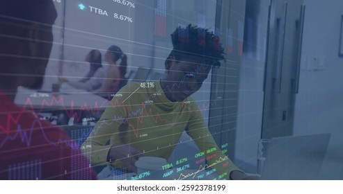 Image of financial data processing over diverse colleagues discussing work in office. Global business, finances, computing and digital interface concept digitally generated image.