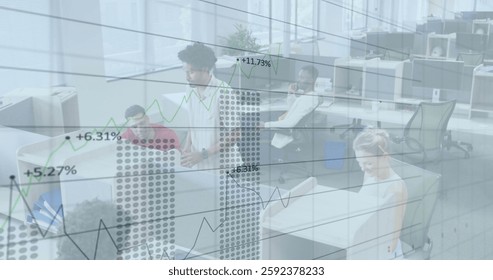 Image of financial data processing over diverse colleagues discussing work in office. Global business, finances, computing and digital interface concept digitally generated image.