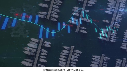 Image of financial data processing over port. Global finance, business, connections, computing and data processing concept digitally generated image.