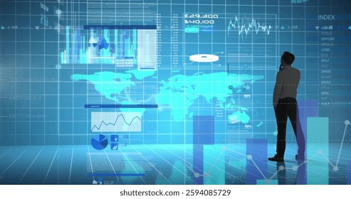 Image of financial data processing over businessman. Global finance, business, connections, computing and data processing concept digitally generated image.