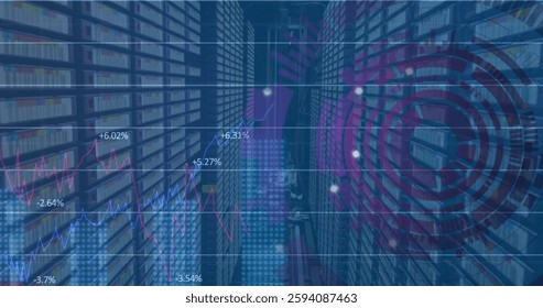 Image of financial data processing over computer servers. Global finance, business, connections, computing and data processing concept digitally generated image.