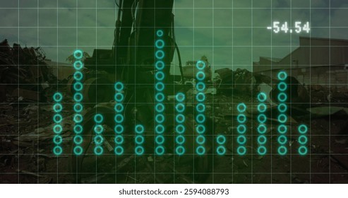 Image of financial data processing over rubbish dump. Global finances, ecology and digital interface concept digitally generated image.